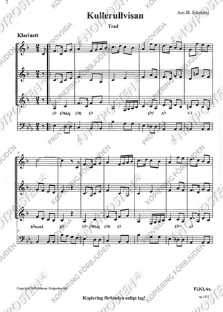 Notbild med stämmor från Folkviseton Klarinett med fyrstämmiga arrangemang för klarinett
