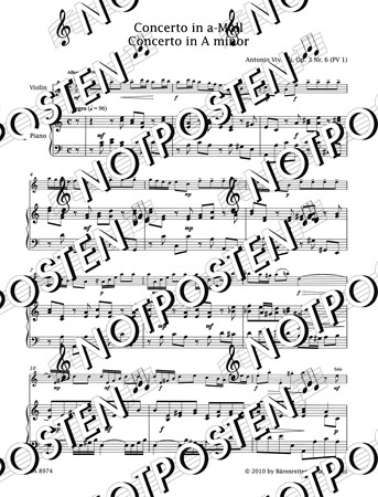 Notbild med fiol- och pianostämma från Antonio Vivaldi: Concerto in A Minor Op. 3/6