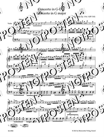 Notbild med fiol- pianostämma från Antonio Vivaldi: Concerto in G Major Op. 3/3