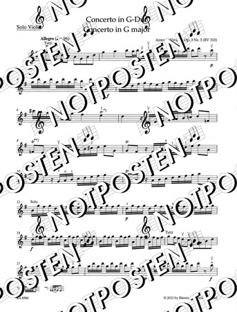 Notbild med solostämma för fiol från Antonio Vivaldi: Concerto in G Major Op. 3/3