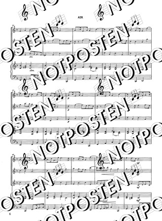Notbild från The Trio & Piano Collection vol. 2 med noter för tre blockflöjter och ett piano