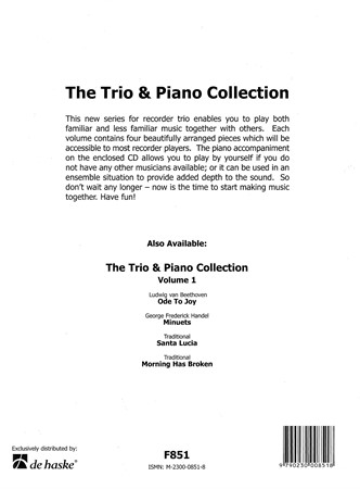 Baksida till omslaget för The Trio & Piano Collection vol. 2 med noter för blockflöjter och piano