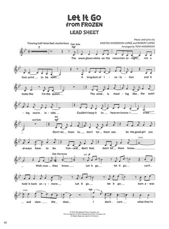 Del av lead sheat med noter och låttext till låten Let it Go från Frost, ur boken Singing for Kids.