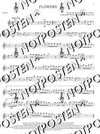 Notbild från 11 Top Hits Flute med noter till elva soloarrangemang för tvärflöjtaren