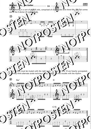 Notbild från Masters of Rhythm Guitar av Joachim Vogel med rytmkoncept och tekniker för flera genrer