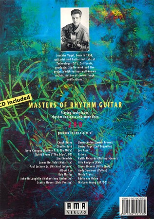 Baksida på omslaget till Masters of Rhythm Guitar av Joachim Vogel med rytmkoncept och tekniker