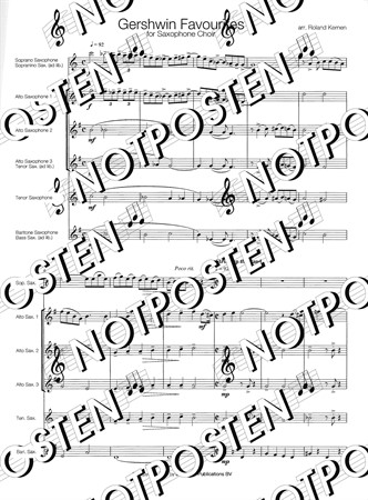 Notbild från partituret till Gershwin Favourites: for Saxophone Choir med alla saxofonstämmor