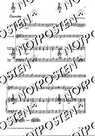 Notbild från Leichte Stücke für 2 Violinen und Klavier med noter för fiol, cembalo och cello