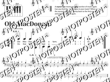 Exempel från Piano Songs for the Very Beginner med bokstavsnotation, pianokomp och tips