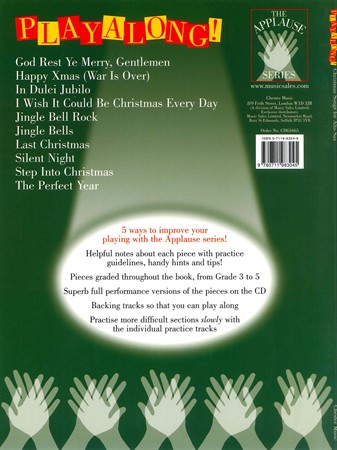 Baksidan på notboken Christmas Songs Playalong! för altsaxofon med noter till 10 klassiska jullåtar.