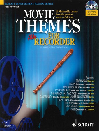 Omslag till notboken Movie Themes for Alto Recorder med medelsvåra arrangemang för altblockflöjt.